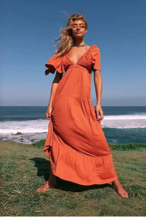 European American Summer V-neck Loose Long Dress