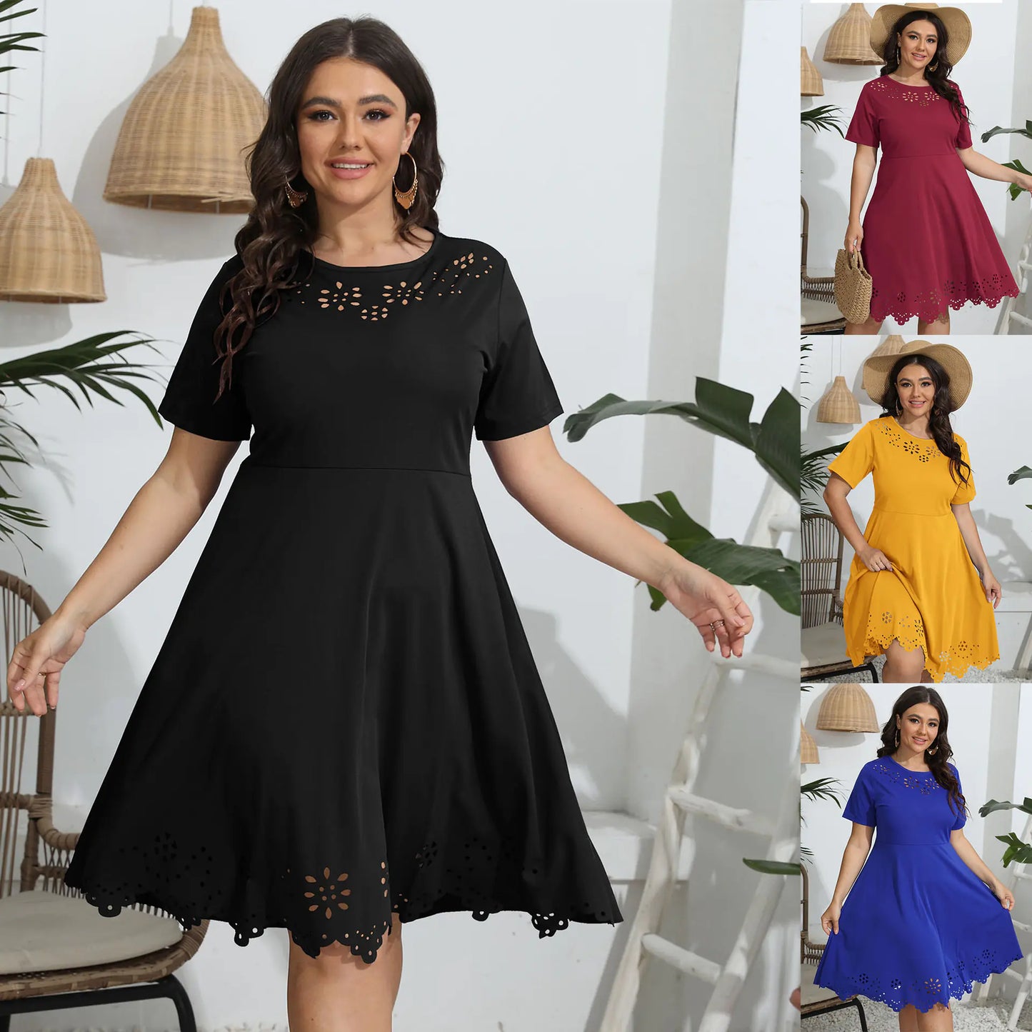 European American Burnt Flower Hollow-out Swing Dress