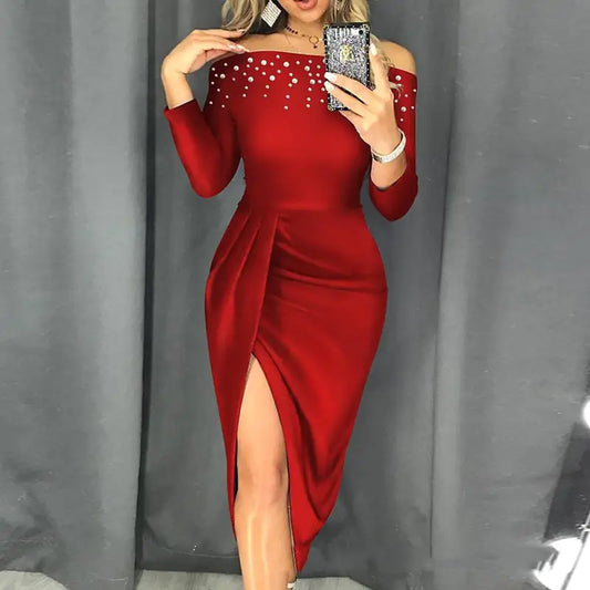Off-Shoulder Bubble Beads Split Dress (European & American)