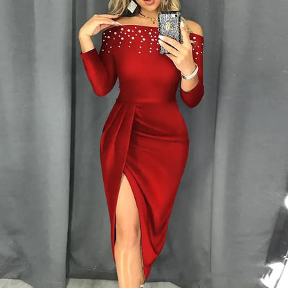 Off-Shoulder Bubble Beads Split Dress (European & American)