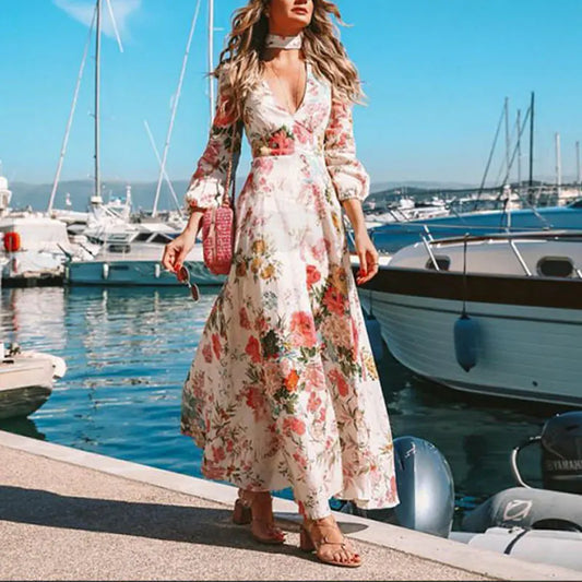 European and American Style Long Sleeve V-Neck Dress